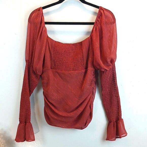 WAYF cinnamon chiffon ruched long puff sleeve top coquette girl sz L - Picture 7 of 11